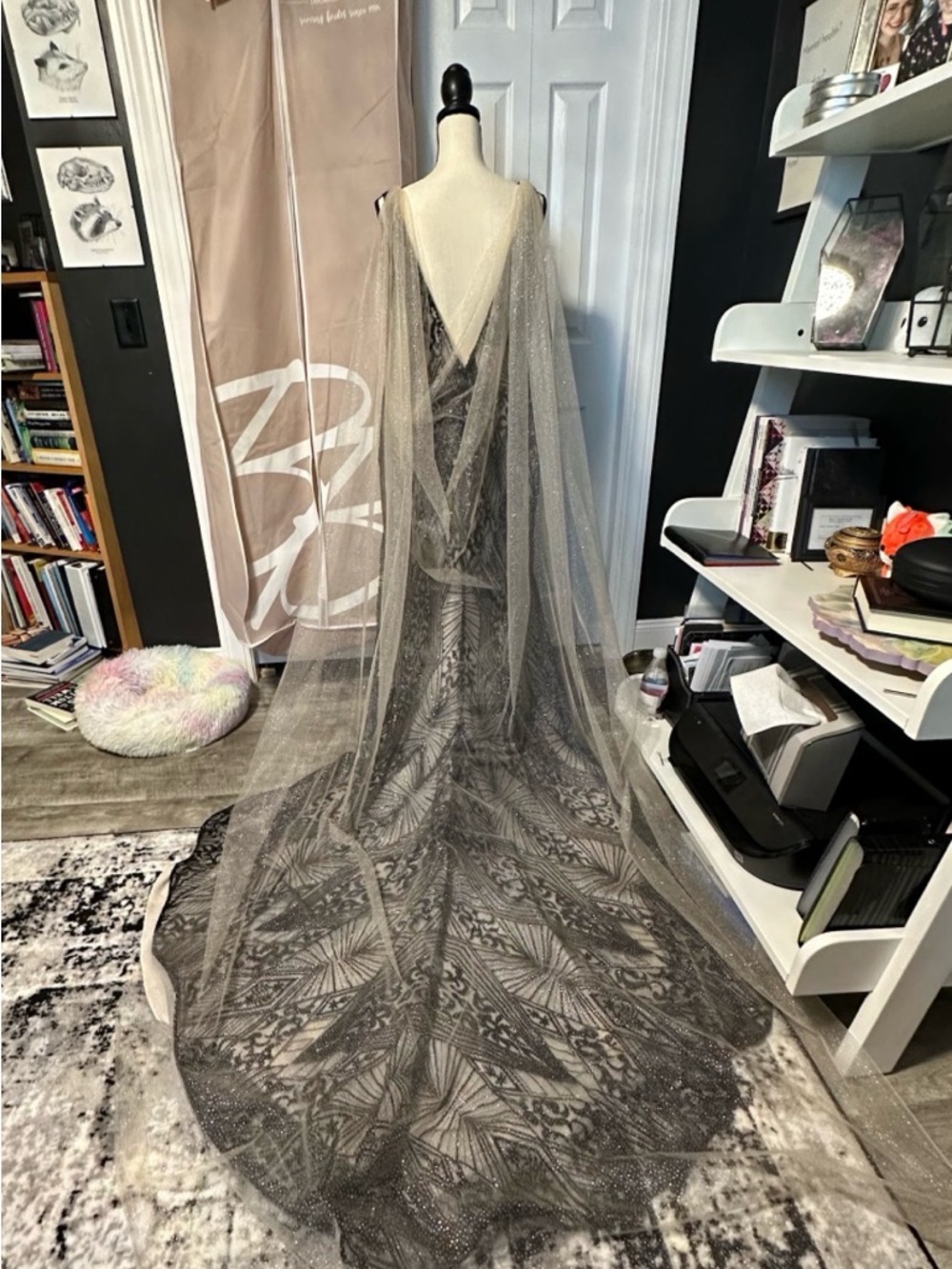 Glitter Wedding Cape Veil Champagne Chapel Length